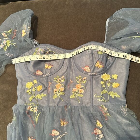 Women’s Blue Dress Embroidered Flowers & Butterflies Corset Back Size 12 NWOT - Picture 10 of 14